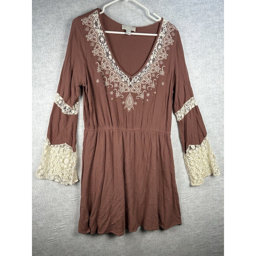 Womens Mauve Floral Lace Long Sleeve Bohemian Hippie Dress Size 1X Elastic Waist